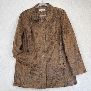 Vtg Faux Suede Jacket Womens L Brown Embossed Paisley Boho Hippie Fairygrunge